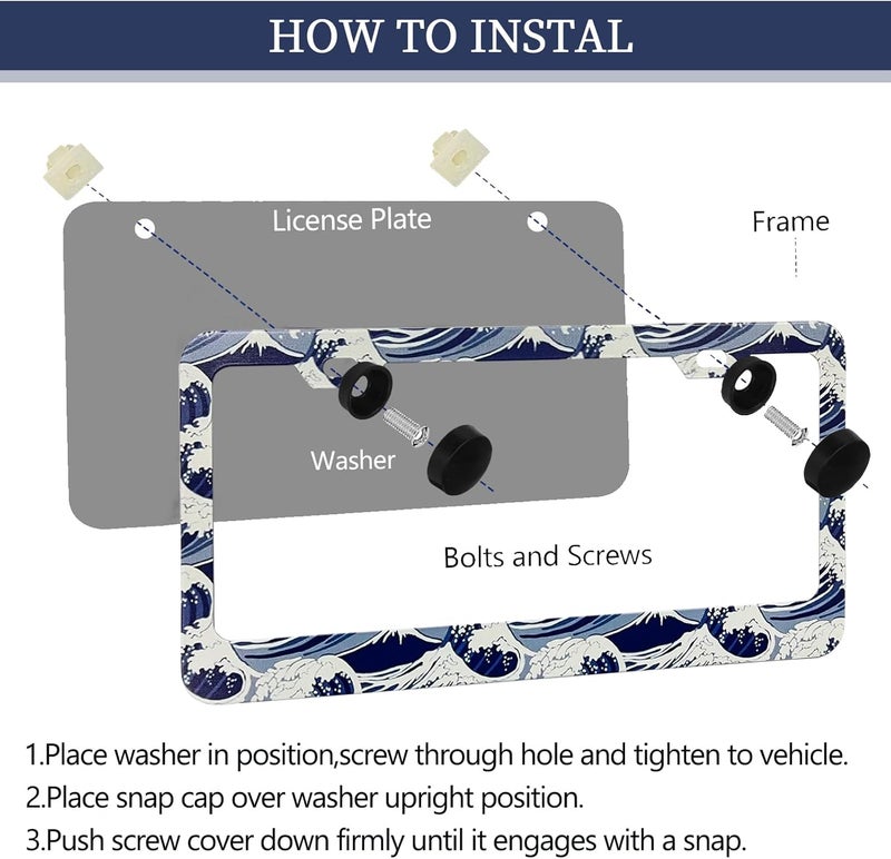 LIN KANG Ocean Waves License Plate Frame - 2 Pack Aluminum License Plate Holder Covers, Metal Car Decorative Tag Frames for Standard US Canada with Screw Caps - Image 3